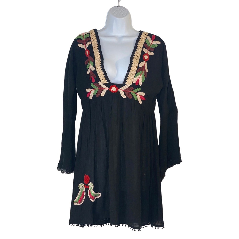 RAGA Womens Bohemian Floral Embroidery Black Dress Flare Sleeve Size Small